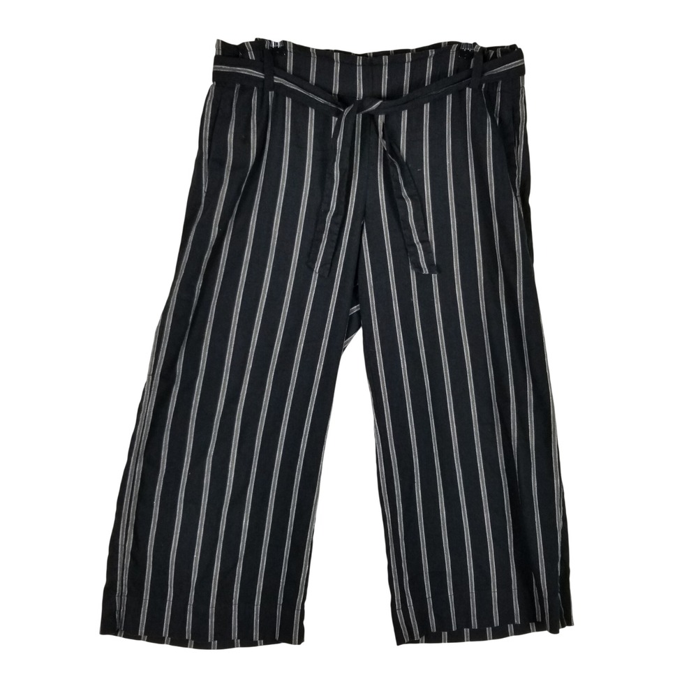 J. Jill Culotte Pants Womens Medium Black Striped Linen Blend Wide Leg Belted